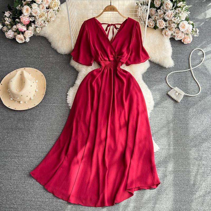 Retro V-neck Open Back A- line Large Hem Short Sleeve Dress