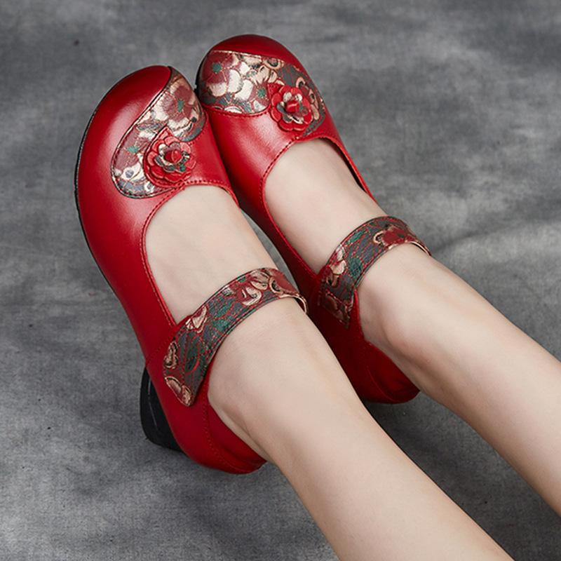 Autumn new women's shoes thick heel soft sole single shoes female mothers wear non-slip cowhide shoes