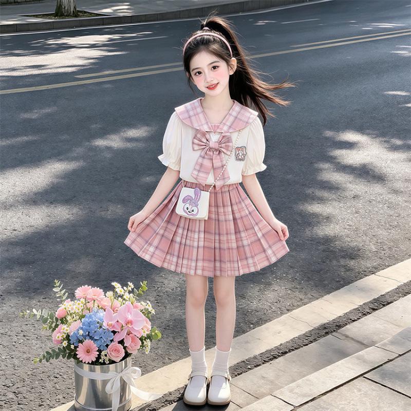 Girls Academy Style Plaid Skirt Set - Summer 2026, Two-Piece Pleated Mini Skirt Outfit 150 cm