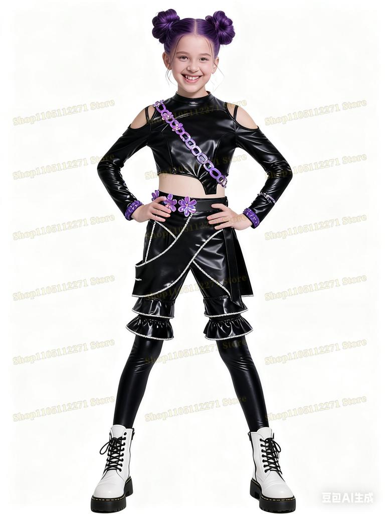 Kpop Demons Hunters Rumi Cosplay Kostyme Parykk Svart Lær Kampdrakt Voksen Kvinner Kåpe Bukser Belte Hansker Halloween Fest