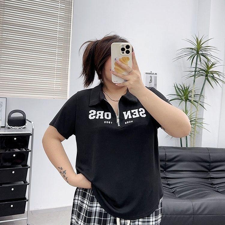 Plus Size Women's Casual Zipper Print Top - Loose Fit Short Sleeve T-shirt for 2025 Summer