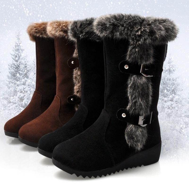 Women Snow Boots Slip-On Faux Fur Winter Shoes Mid-Calf Boots with Wedge Heel