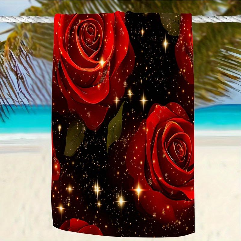 Glam Red Rose Glitter Beach Towel Romantic Floral Sparkle Print Quick Dry Sand Free Oversized Bath Towel for Summer Vacation