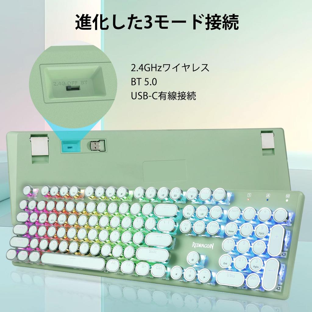 Redragon K710 Typewriter Blue 104 with Numeric English Layout Gaming RGB Metal for Compatible Keyboard, Wireless, Switches, Keys, Keypad,