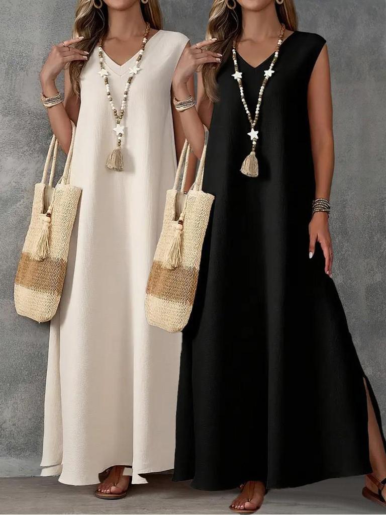 2026 Sleeveless V-Neck Solid Color Two-Piece Slit Dress for Women