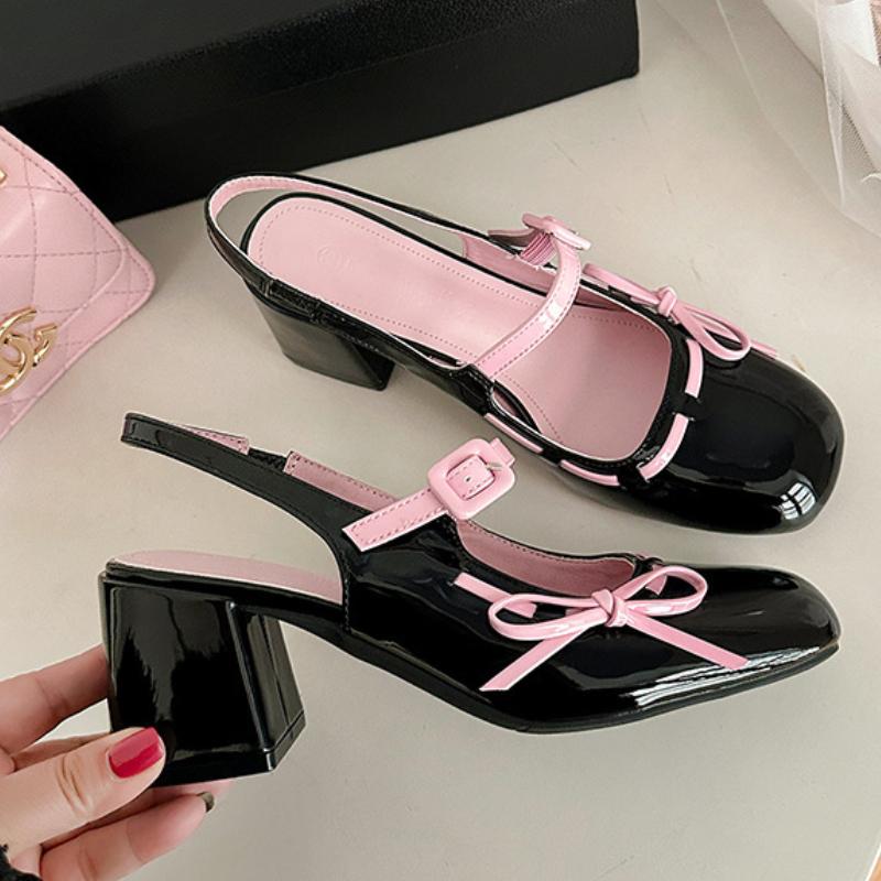 Fashion Sweet Bow Belt Buckle Women Sandals Fashion Round Toe Square Heel Mary Jane Shoes Simple Comfort Patent Leather Women Slide Shoe