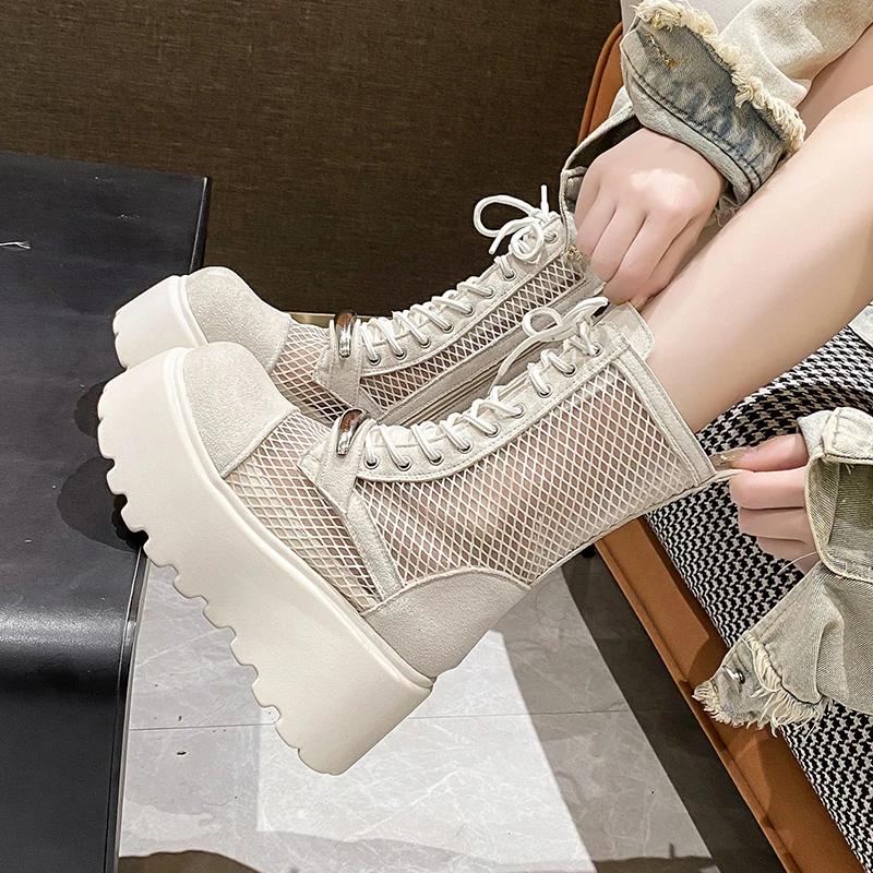 Fashion 8CM Designer Summer Platform Ankle Boots for Women Black White Mesh Breathable Sandals Casual Shoes Woman Thick Bottom Booties