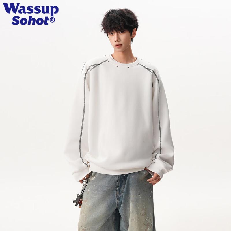 Wassup Sohot Men s Retro Rivet Loose Crewneck Sweatshirt XL