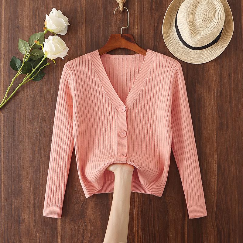 2025 Women's V-neck Loose Knit Cardigan - Short, Long Sleeve Sweater for Spring & Autumn