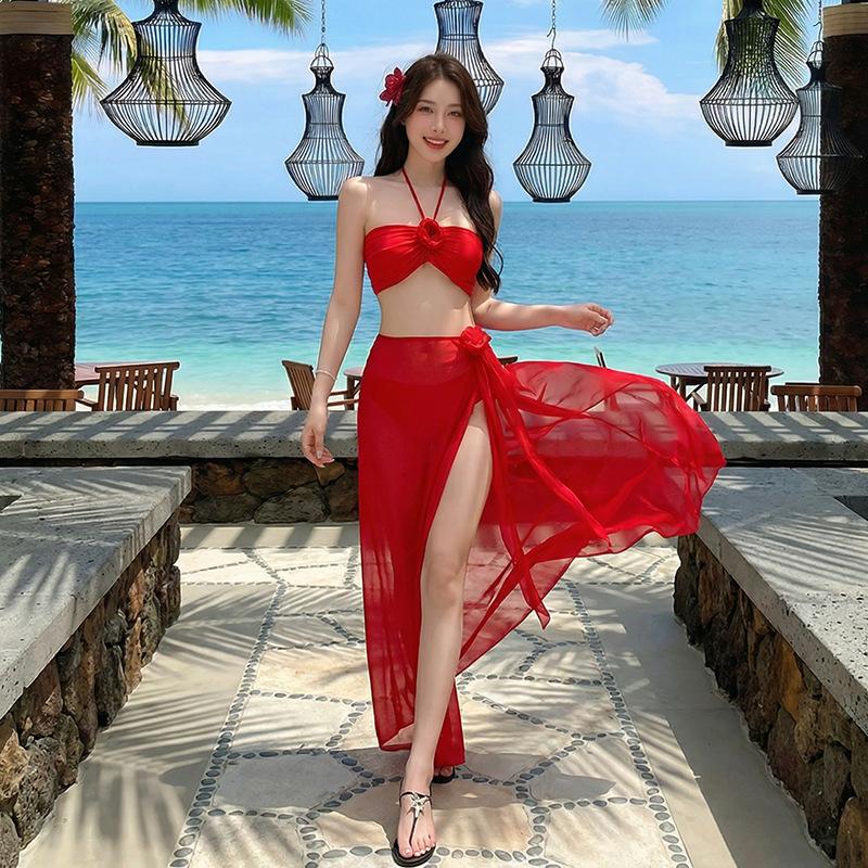 Women's Swimwear Red Two-piece Bikini with A Long Skirt – Flattering Stunning and Sexy Perfect for Beach Holidays and Spa Breaks