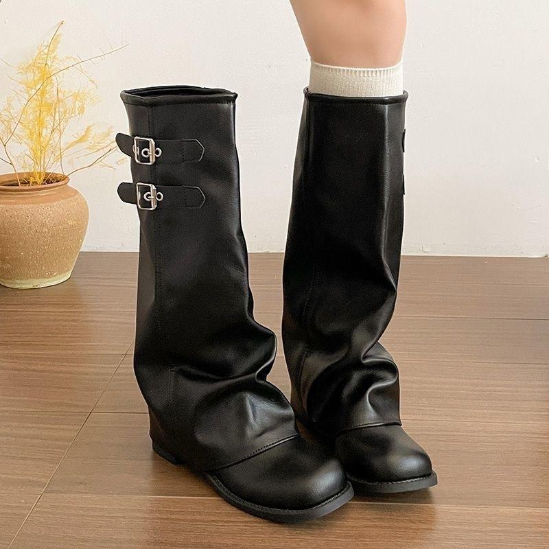 Retro belt buckle trouser boots women's new autumn thick heel pleated stack tall knight boots slim boots