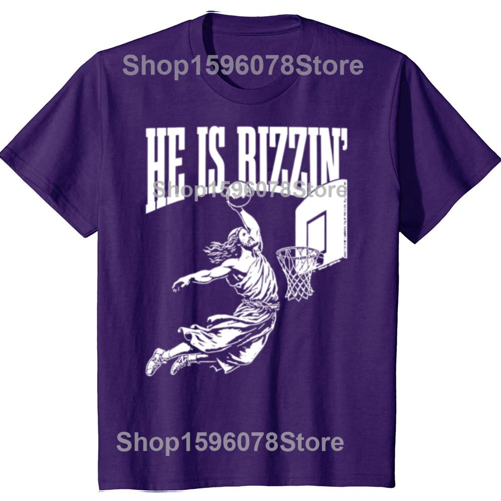 He Is Rizzin Funny Jesus Basketball Meme Graphic T Shirts Men Pure Cotton Streetwear Tee Shirt Short Sleeve Unisex Clothing