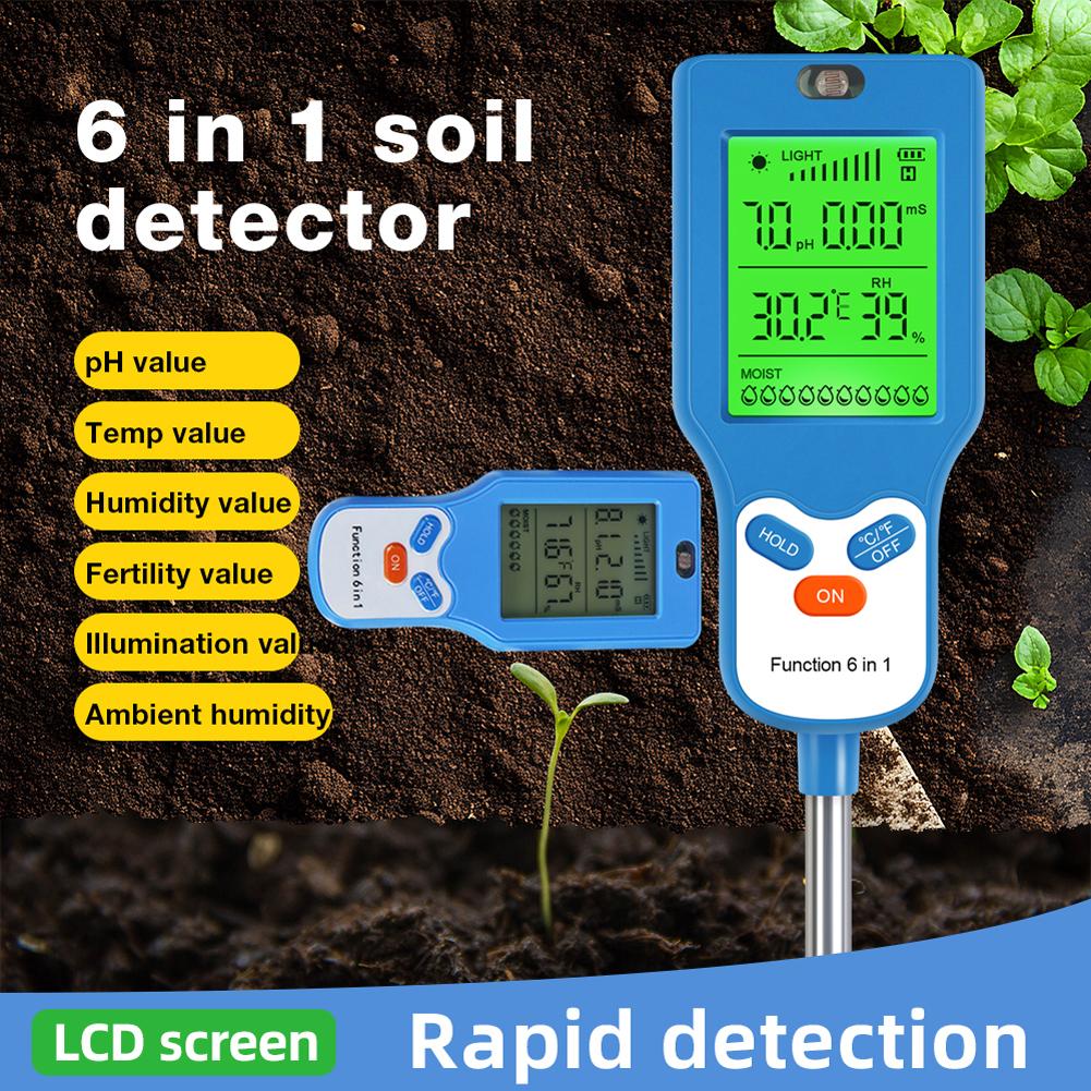 6-in-1 Soil Test Meter PH Meter/Fertility/Temp/Moisture/Sunlight/Humidity Soil Detector for Gardening Farming and Outdoor Plants