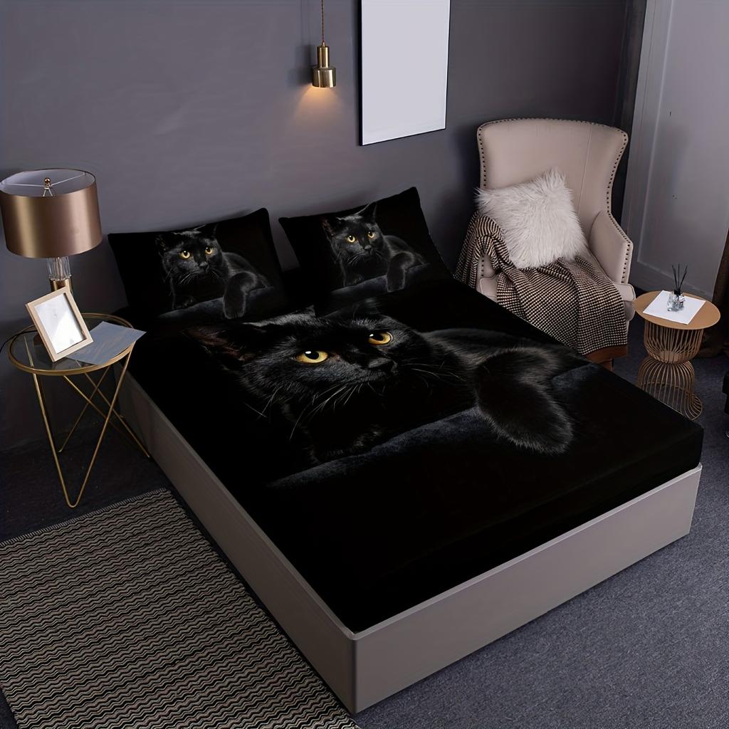 Black Cat Print Polyester Bedding Set For Bedroom Guest Room Hotel (1*Fitted Sheet + 2*Pllowcase, Without Core)