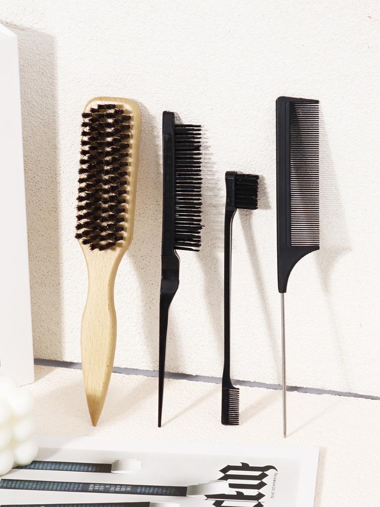 4-piece set of neutral hairstyle design tools - edge control brush and comb kit, used for combing and smoothing hair