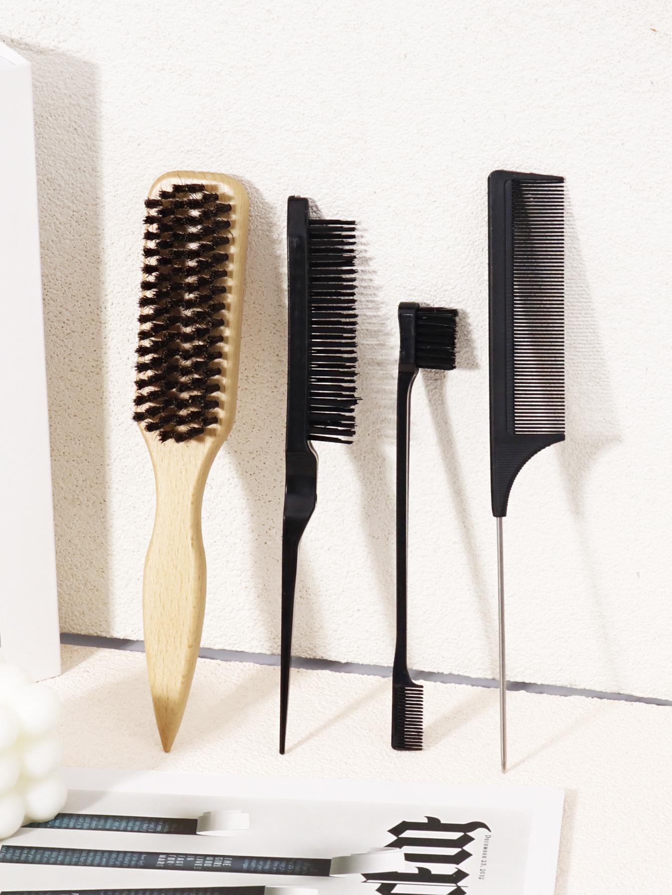 4-piece set of neutral hairstyle design tools - edge control brush and comb kit, used for combing and smoothing hair
