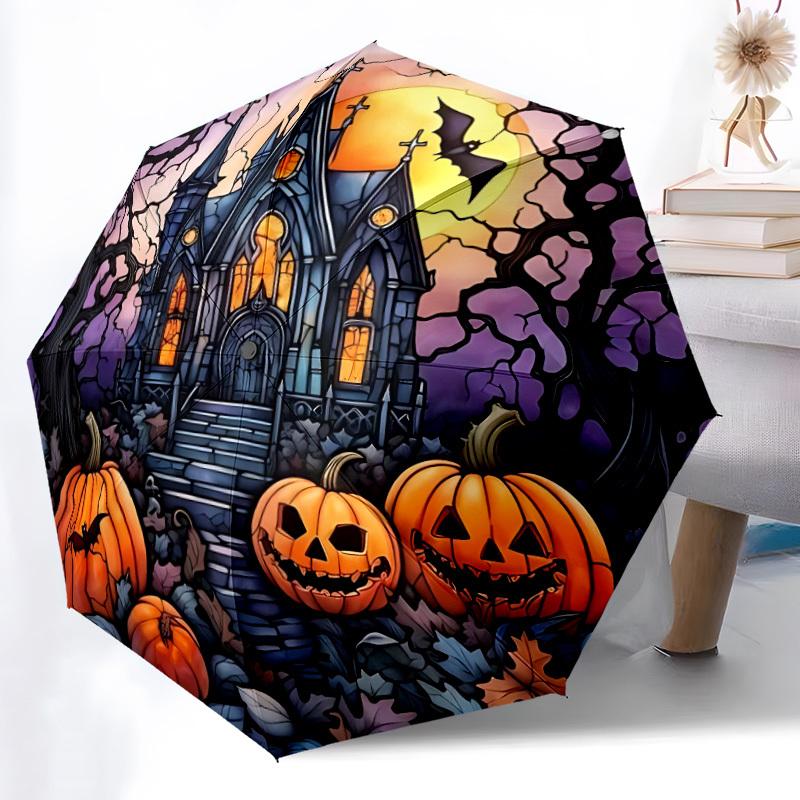 1pc Halloween Castle Automatic Open/Close Umbrella with 8-Rib Windproof Frame, Spooky Gothic Design (Bats, Pumpkins, Haunted H Iron&8K