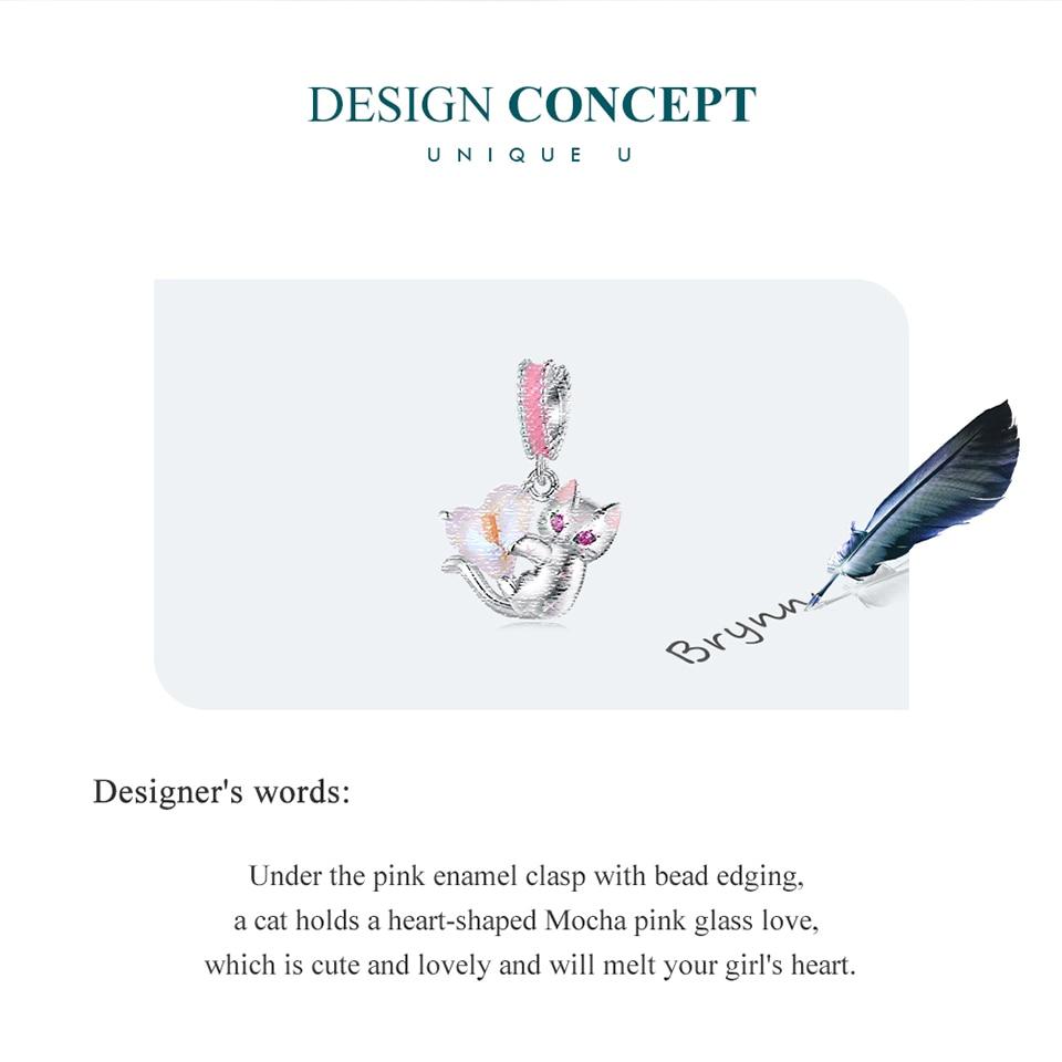 BAMOER 925 Sterling Silber Katze Hängende Perle Herz Anhänger Charms für Frauen Original Armband Halskette Edlen Schmuck