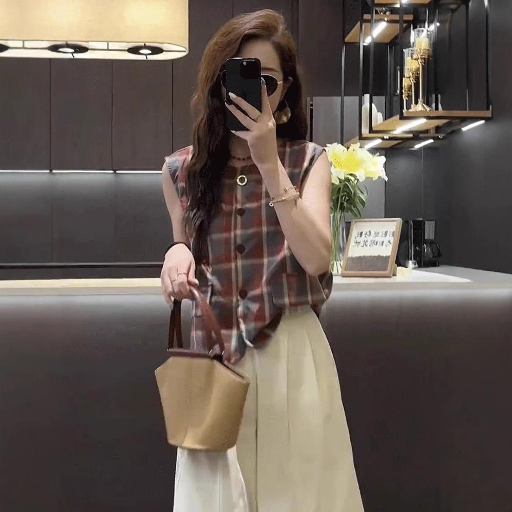 Damen 2025 Schicke Französische Karobluse Ärmellos