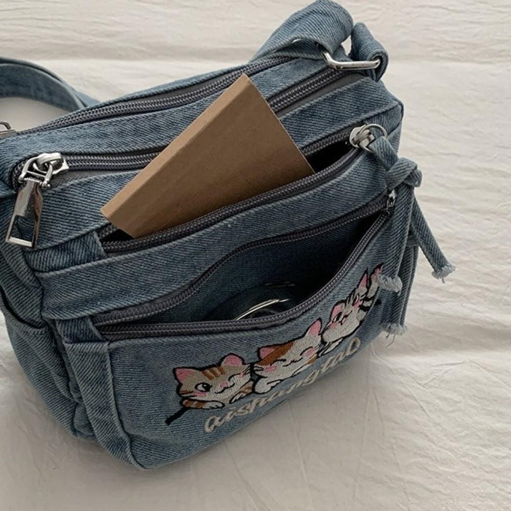 Washed Denim Crossbody Bag Adjustable Strap Messenger Bag Cat Embroidery Shoulder Bag Ladies