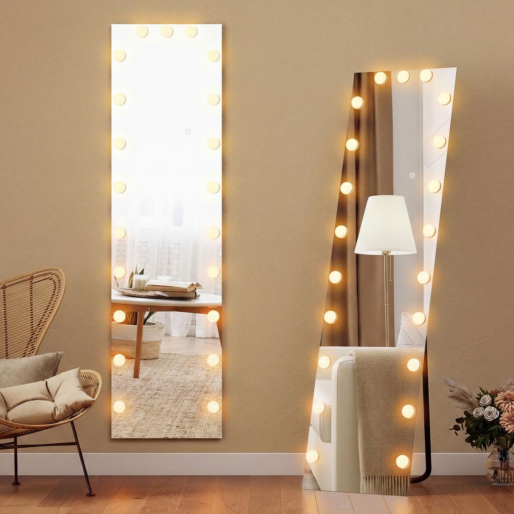 Full-Length Mirror 150x40 cm RGB LED Floor Mirror with 21 Bulbs, 7 Light Colors, Touch Switch, Memory Function