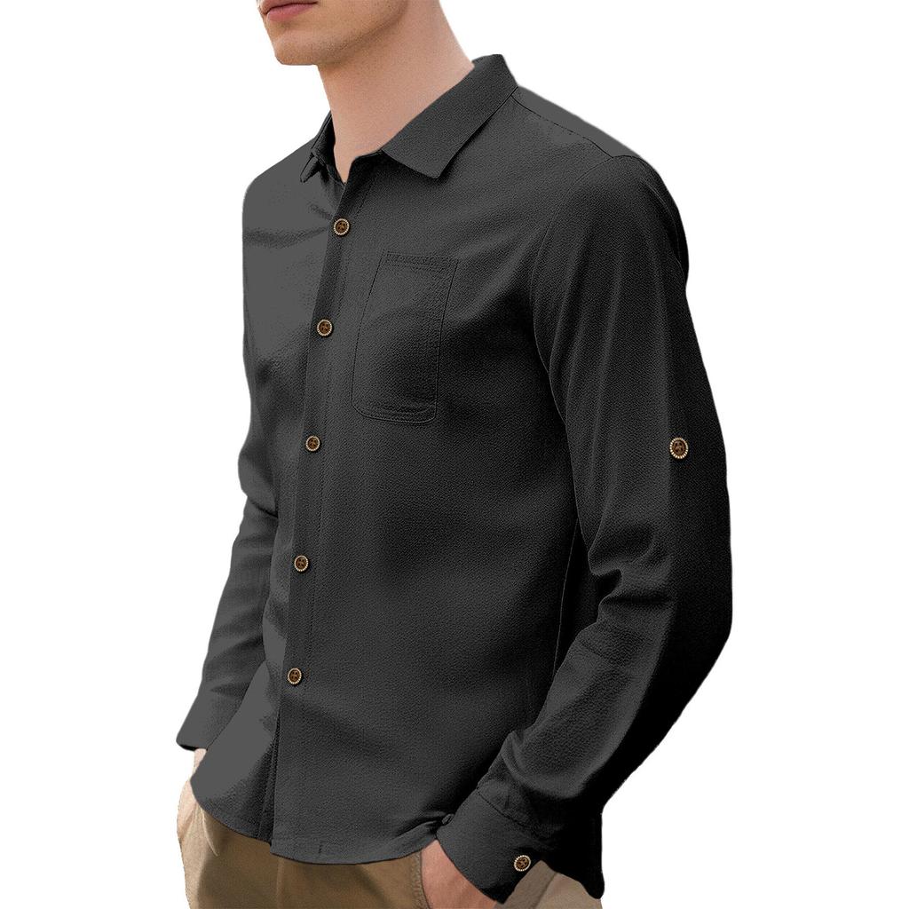 Mens Cotton Linen Shirt Spread Collar Spring Fall Button Down Shirt Lightweight Breathable Casual