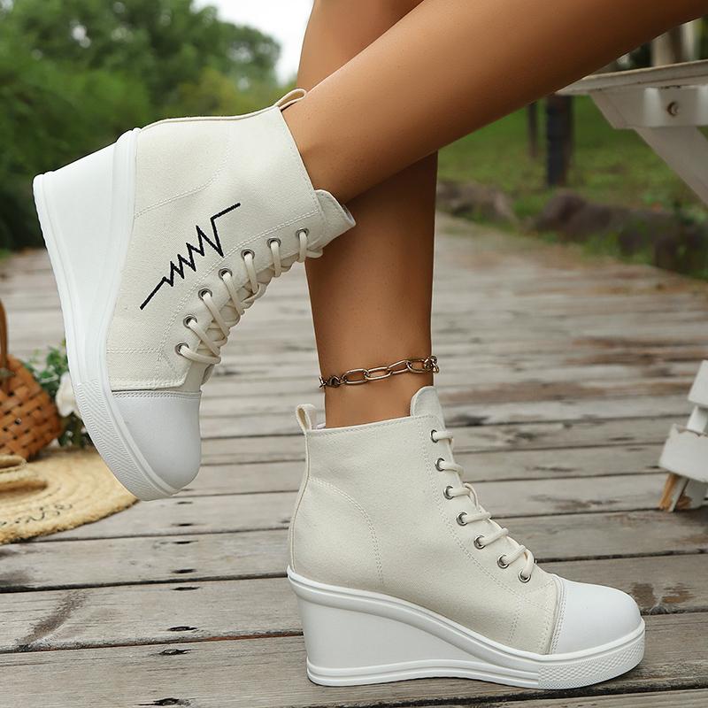 Fashion High Top Wedge Heel Sneakers for Women Fashion Mix Color Lace Up Canvas Shoes Woman Lightweight College Students Casual Sneakers