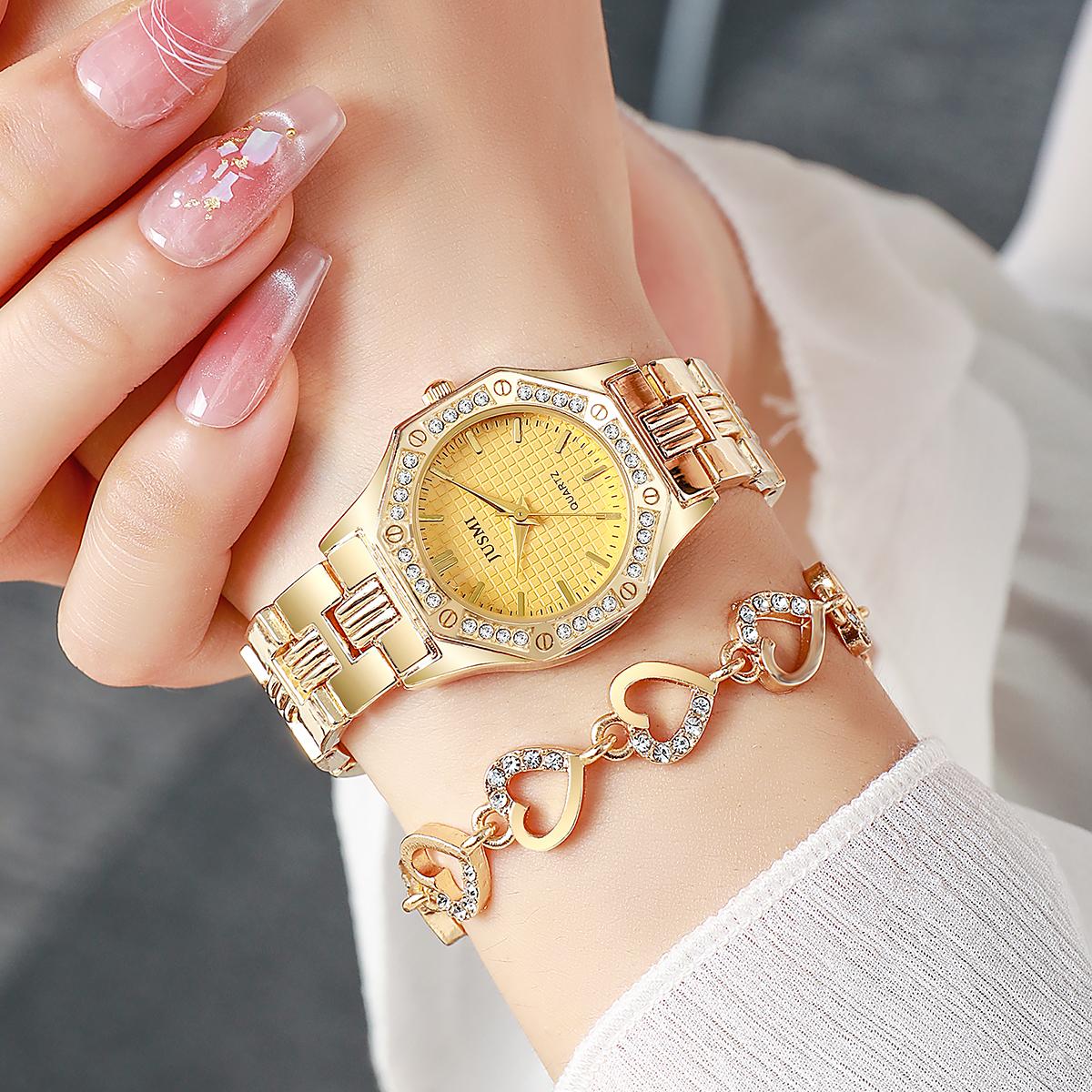 

Модный тренд бриллиантовый циферблат стальной ремешок простой и продвинутый новые часы и браслет в стиле легкой роскоши кэжуал универсальные женские золотой