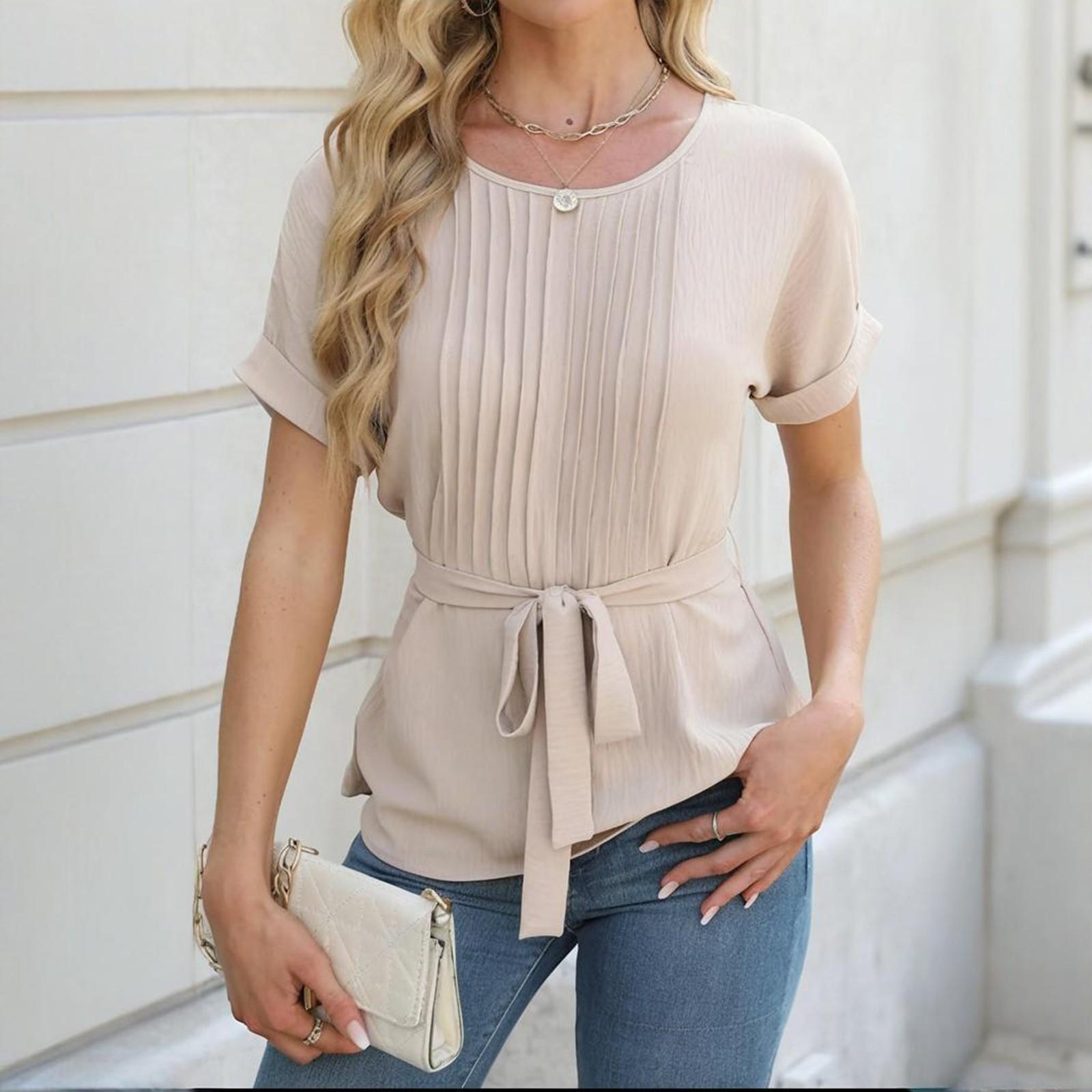 

Женская повседневная рубашка с оборками и круглым вырезом, короткий рукав L бежевый