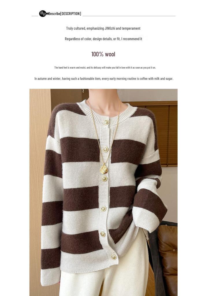 2024 Women's Color Block Pure Wool Knit Cardigan - Casual Round Neck, Loose Fit with Button Closure