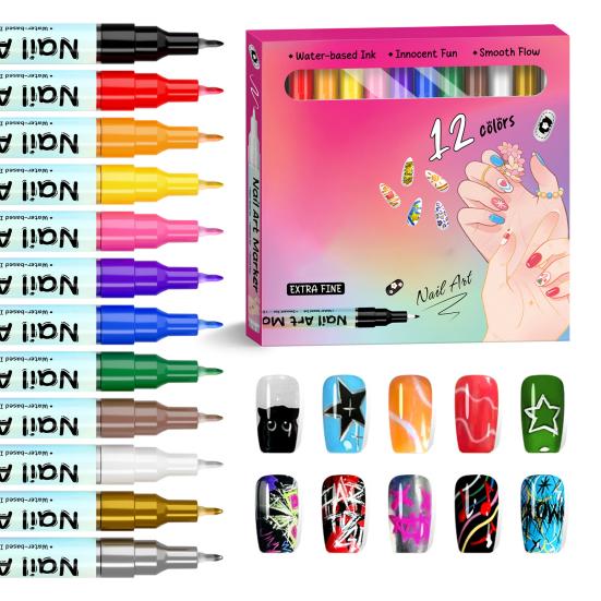 12/24 Colors Nail Art Pen Set Quick Dry Graffiti Nail Art Markers Fine Tip Waterproof Polish Pens Drawing Painting Liner Brush