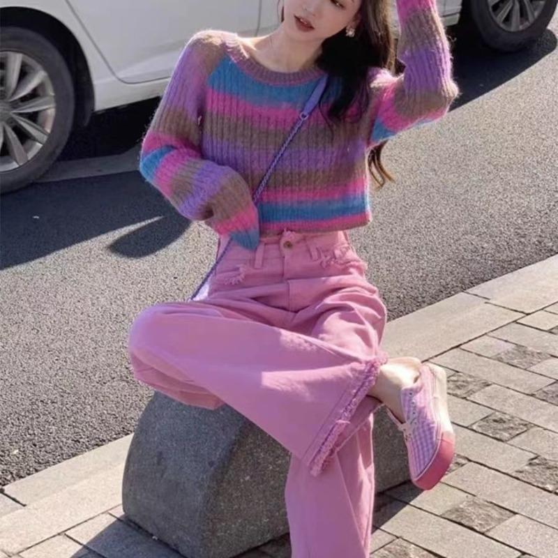 Pulover cu dungi curcubeu leneș pentru femei, primăvară 2023, francez, design avansat, sens, pulover pentru mulțime mică, pulover tricotat, top pentru femei