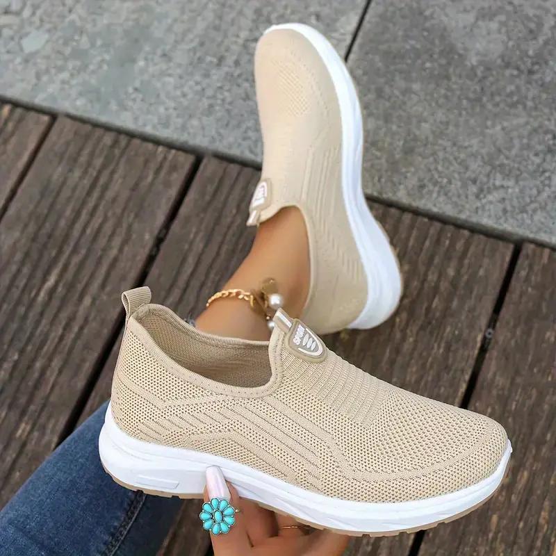 Women's Casual Mesh Sneakers - Breathable Solid Color Slip-On Fashion Shoes Walking Footwear