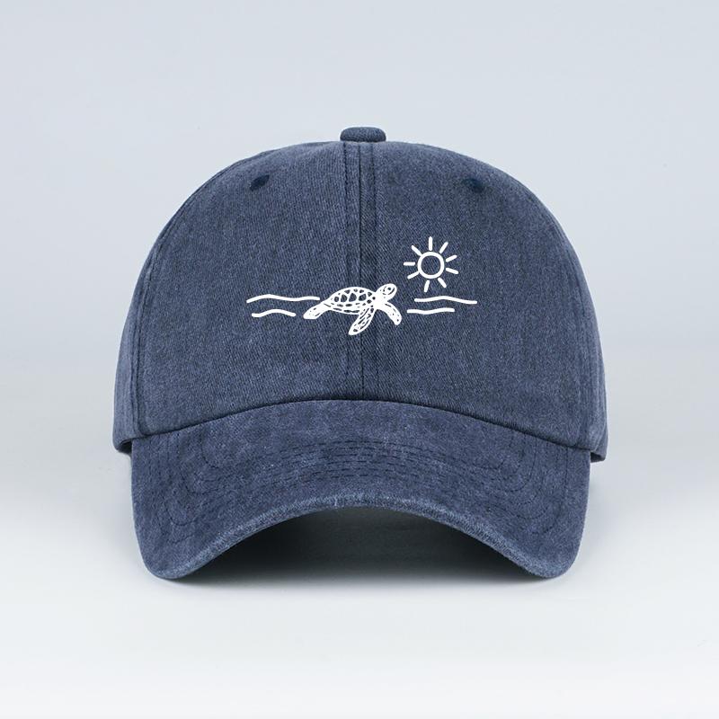 Vintage Washed Baseball Cap with Turtle, Sun, and Wave Print  Unisex Cap Perfect for Beach Vacations, Camping, and Fishing