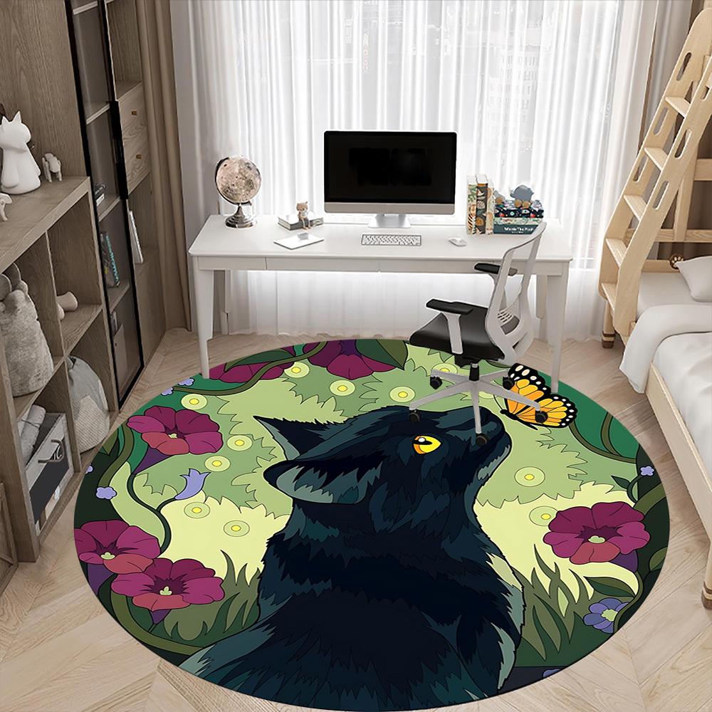 1pc Black Cat Pattern Carpet, Round Non Slip Durable Large Size Office Carpet, Suitable for Office