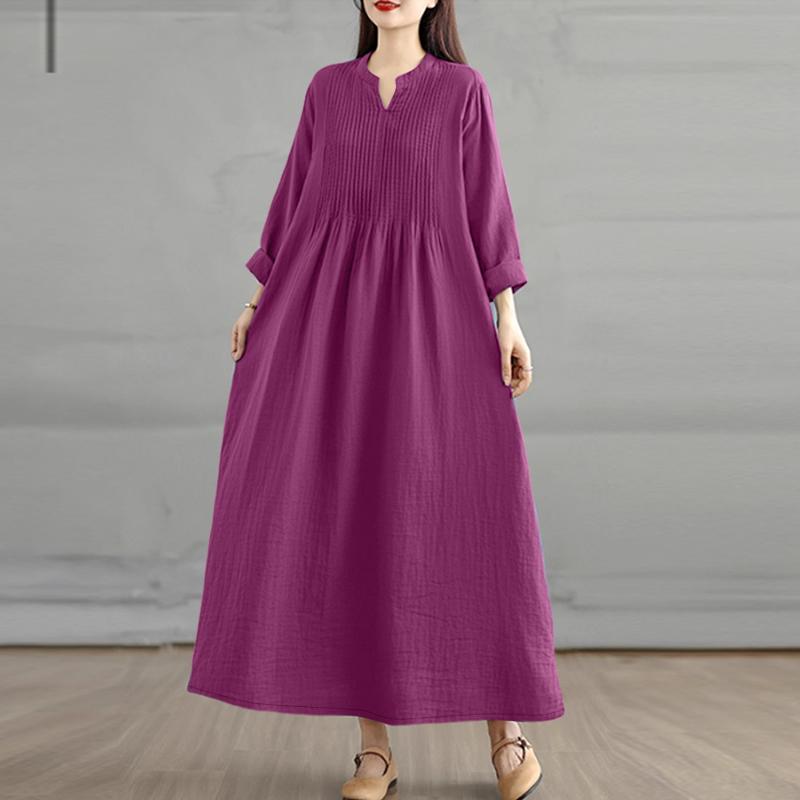 ZANZEA Women Casual V-Neck Solid Color Long Sleeve Loose Dress