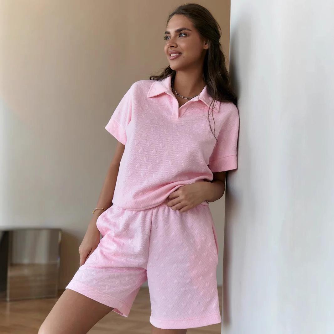 

Women s Casual Suit Lapel Short Sleeve Top & Elastic Shorts 2 Piece Set XL рожевий