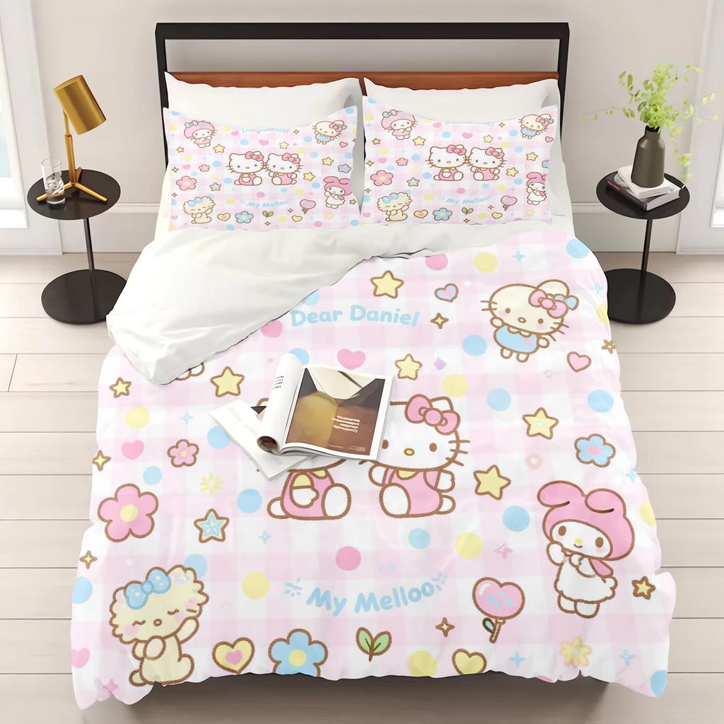 Zestaw pościeli do sypialni z nadrukiem Hello Kitty Poszewka na kołdrę Prezenty świąteczne Komfortowy Kreskówka Z poszewką na poduszkę