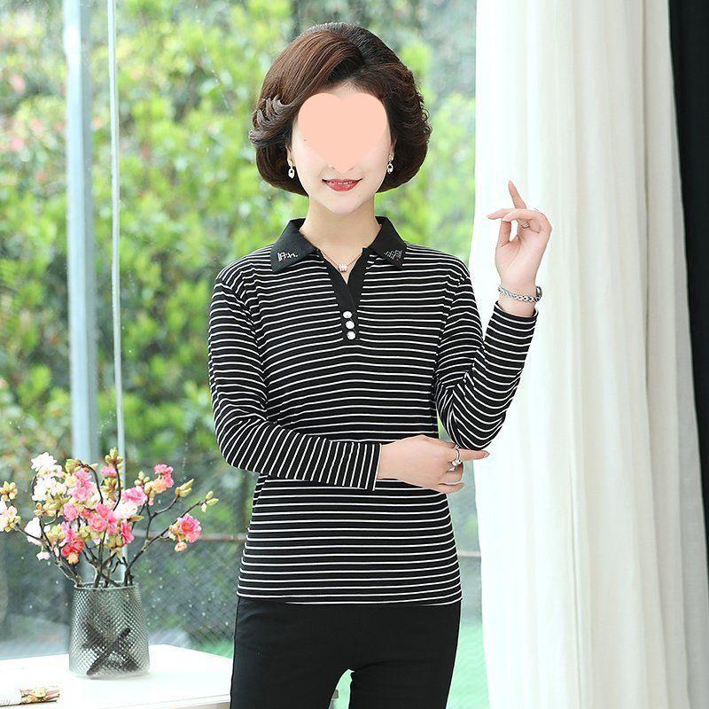 

New Spring/Autumn Long Sleeve Striped Shirt for Middle-Aged Women with Turn-Down Collar 2XL