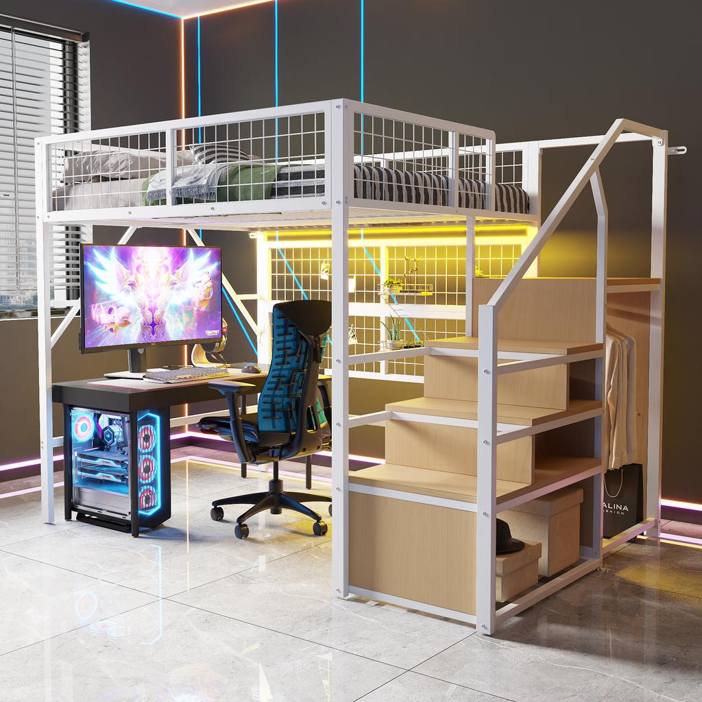 Iron loft bed 140*200, suitable for children and teenagers, versatile, with app-controlled LED light strips, stairs with storage, open wardrobe, white