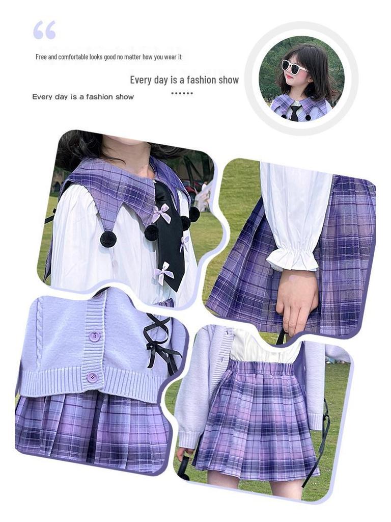 Kuromi School Style Girls' Cosplay Outfit: Sweater, Shirt, Plaid Skirt - Three-Piece Set for Spring/Autumn Performance.