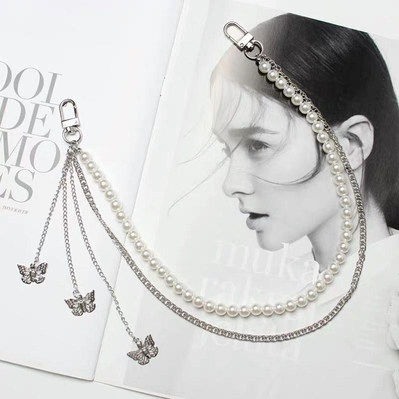 Double Layer Butterfly Pendant Pearl Alloy Pants Chain for Hip Hop Dancers Punk Girl Boy Harajuku Jeans Side Chain Bags Chain