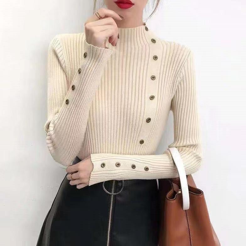 Women Autumn Knitted Slim Sweaters Solid Knitted Female Cotton Soft Elastic Color Pullovers Button Full Sleeve Turtleneck