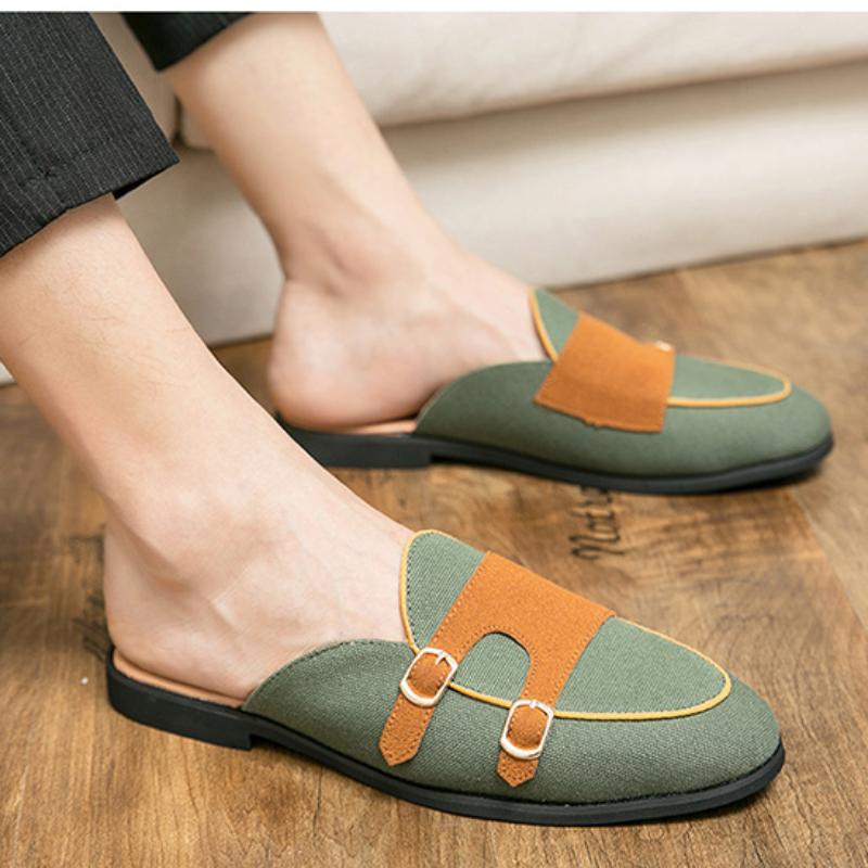 Canvas Leather Shoes Men Casual Handmade Muller Loafers Men Slip On Flats Driving Dress Shoes Half Slippers 38-47