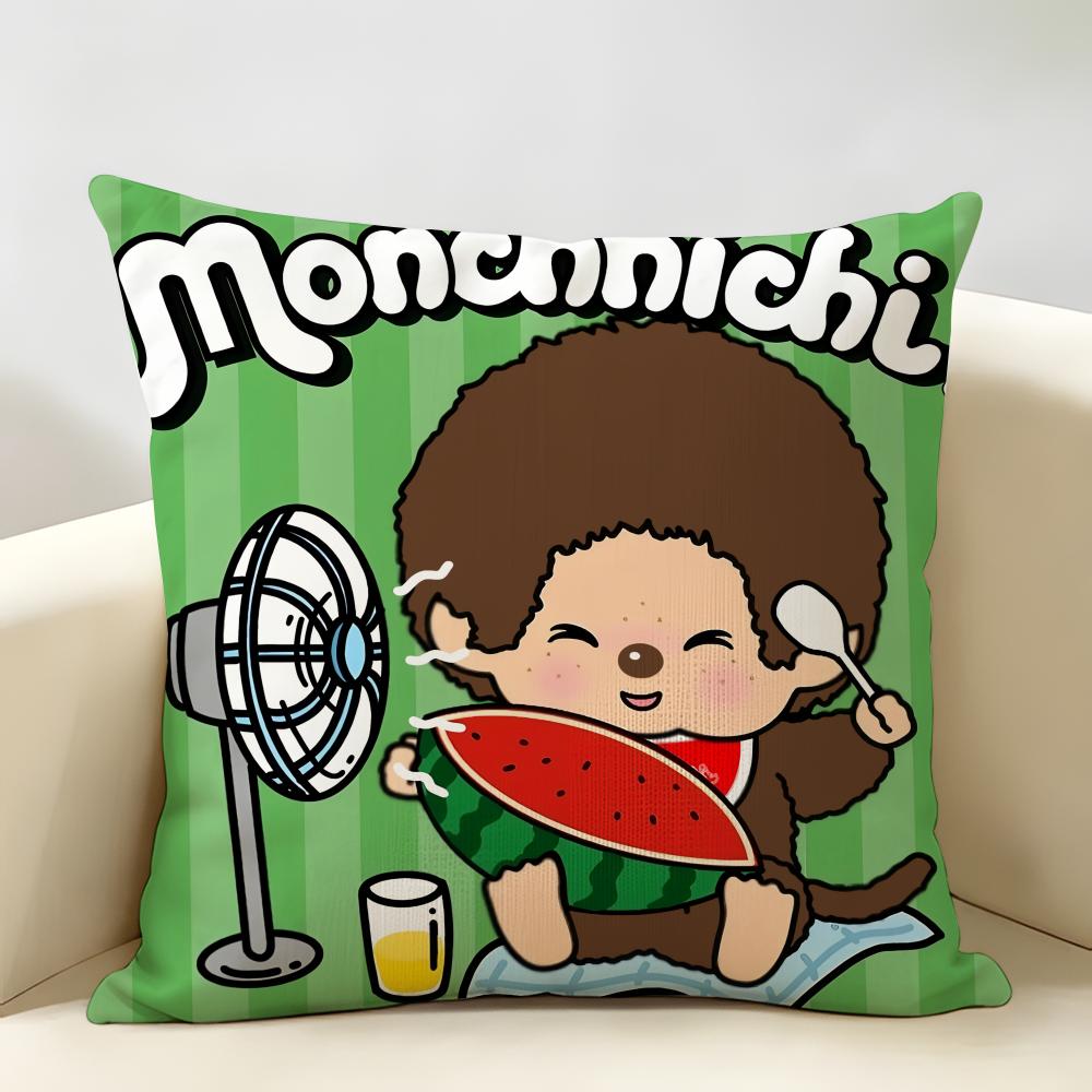 MMonchhichi Cute Cushion Cover Natural Linen Organic Fabric DoubleSided Printing Room Sofa Decor Pillow Case