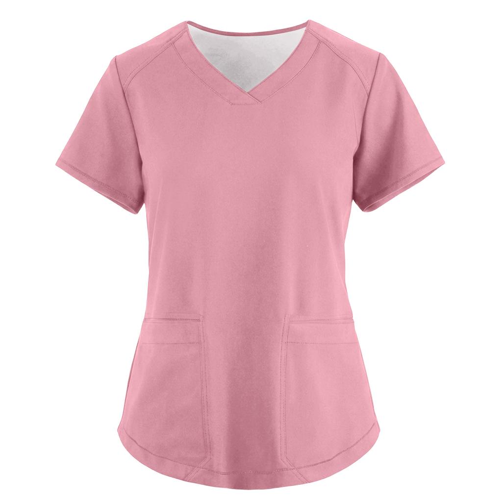 Women's Fashionable Loose-Fit Short-Sleeve V-Neck Pocket Workwear Top