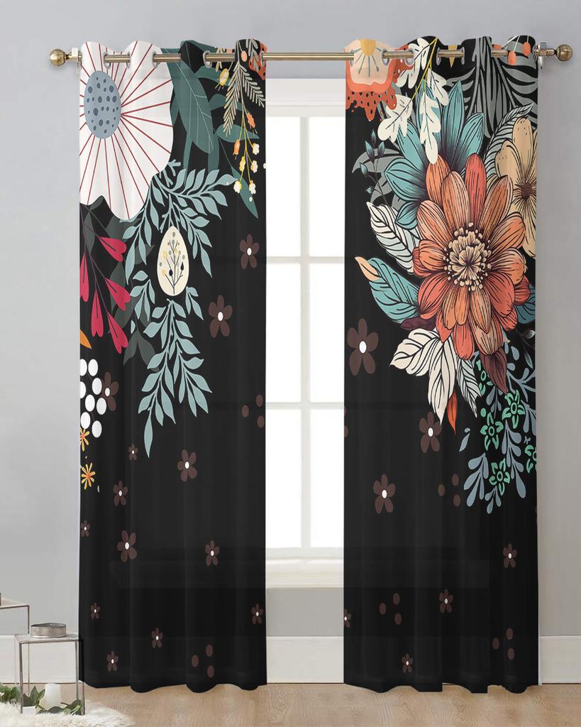 Bohemian Abstract Style Flowers Plants Black Sheer Curtains for Living Room Decor Window Curtains Kitchen Tulle Voile Curtains