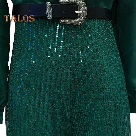 Women's Sequins Jumpsuits Long Sleeve V-Neck Shirt Sparkly Belted Wide Leg Romper Evening Party Overall Pants