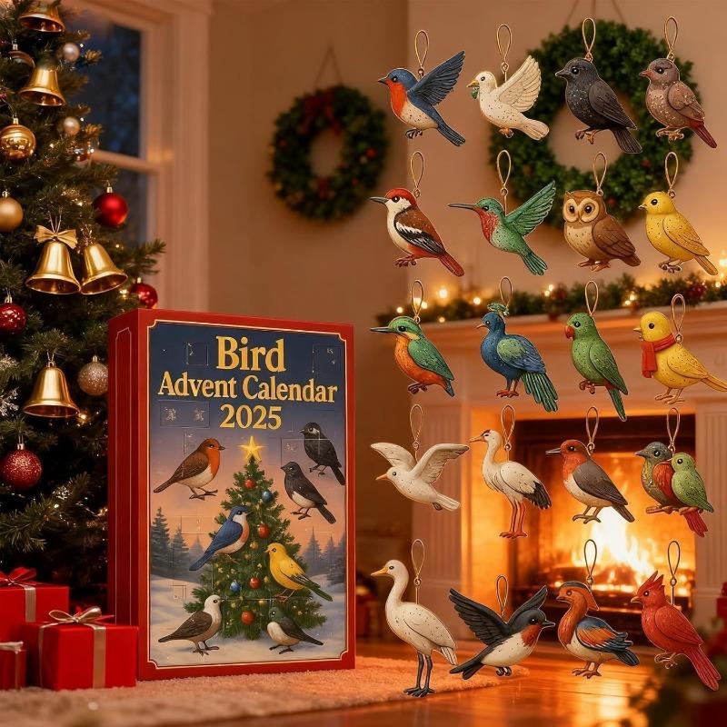 Calendar de Advent Păsări 2025, Calendar de Advent Păsări de Crăciun 24 Zile, Decorațiuni Păsări Plate 2D Acrilice pentru Agățat în Pomul de Crăciun