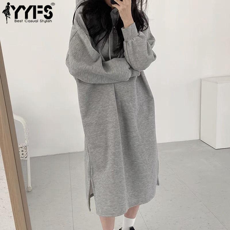 YYFS Women's Fashion Fall Winter Solid Color Print Long Sleeve Hooded Loose Waistline Casual Dresses